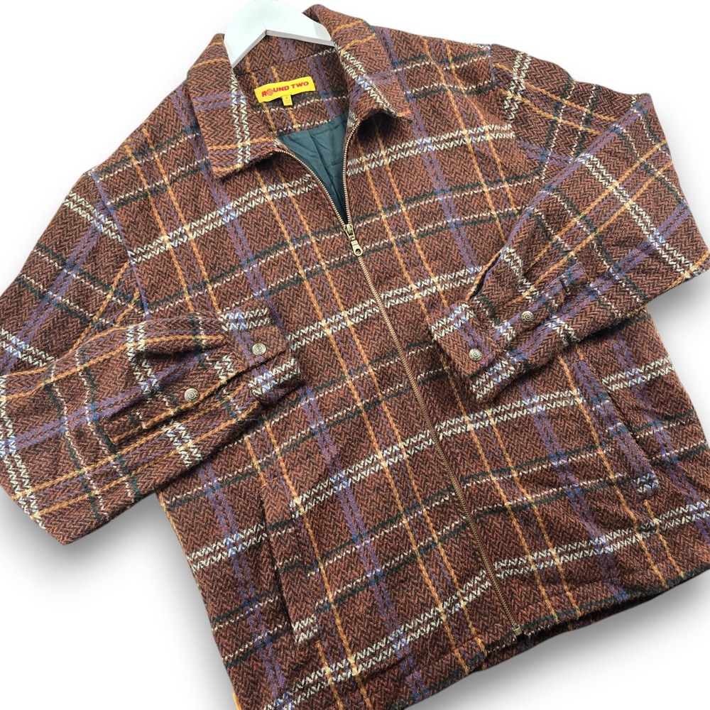 Round Two Autumn Plaid Herringbone Overshirt Jacket Mens L Full Zip Collared